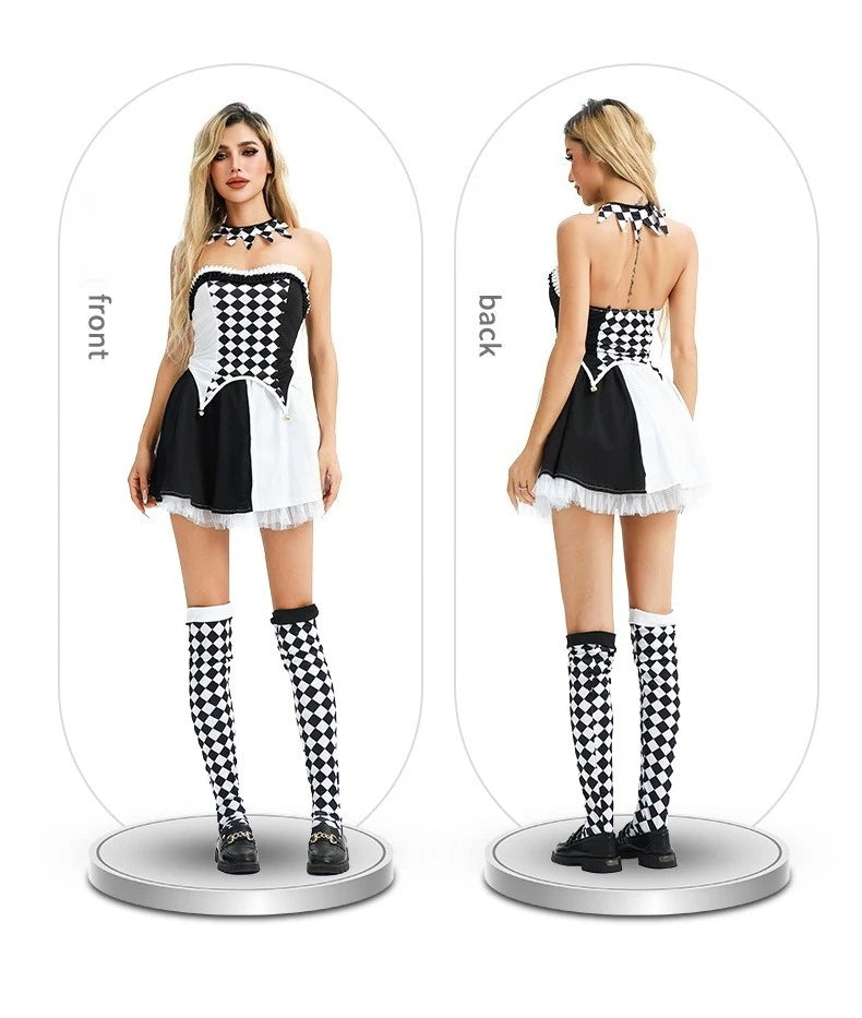 Costumi di Halloween Prestazioni del circo Pagliaccio Abiti da ragazza piccanti sexy per feste di carnevale di streghe a quadretti in bianco e nero