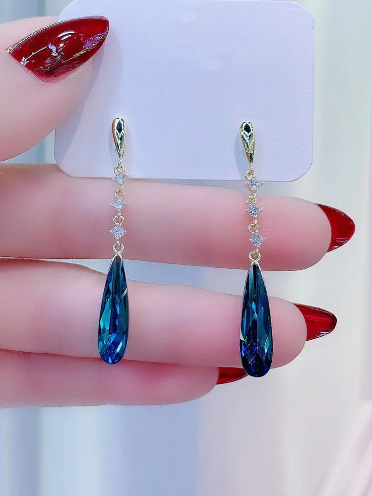 Orecchini pendenti in cristallo blu lucido alla moda per le donne moda semplice ciondolo a goccia d'acqua orecchino ragazza festa gioielli da sposa regali