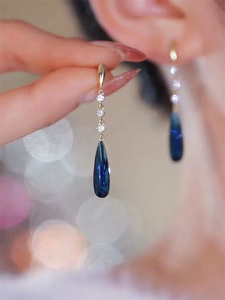 Orecchini pendenti in cristallo blu lucido alla moda per le donne moda semplice ciondolo a goccia d'acqua orecchino ragazza festa gioielli da sposa regali