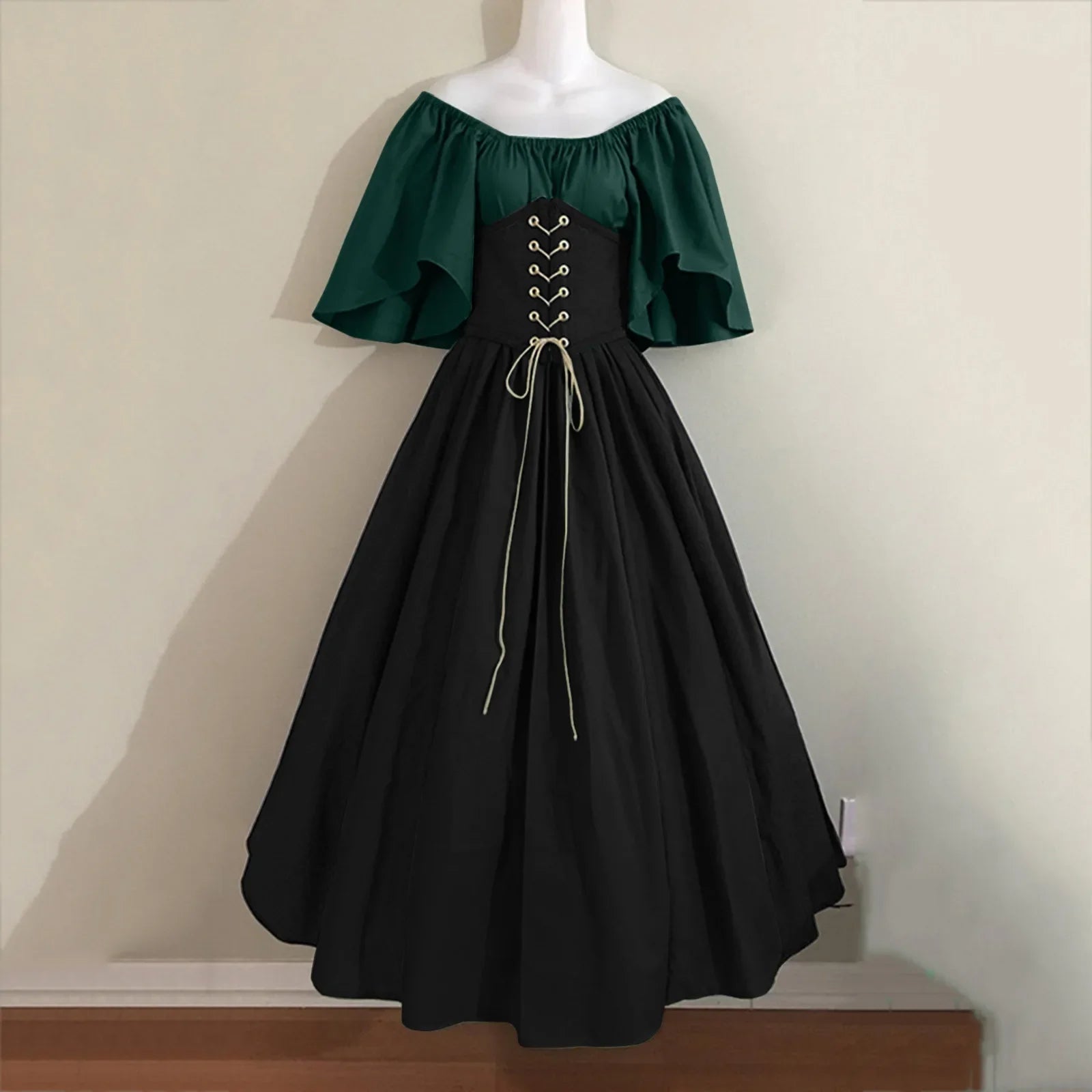 Costumi di Halloween per donna Abito scampanato sottile con colori a contrasto retrò medievale Abito con spalla con una sola parola Love Live Cosplay