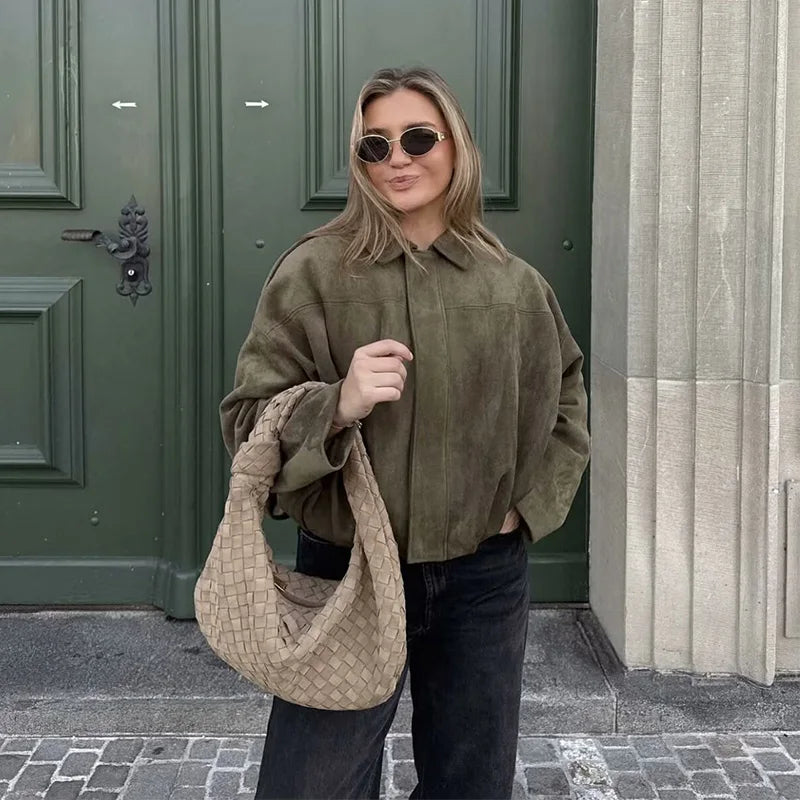 Bomber da donna Cappotti Moda Colletto rovesciato Manica lunga Cappotti larghi Capispalla femminile vintage Top chic