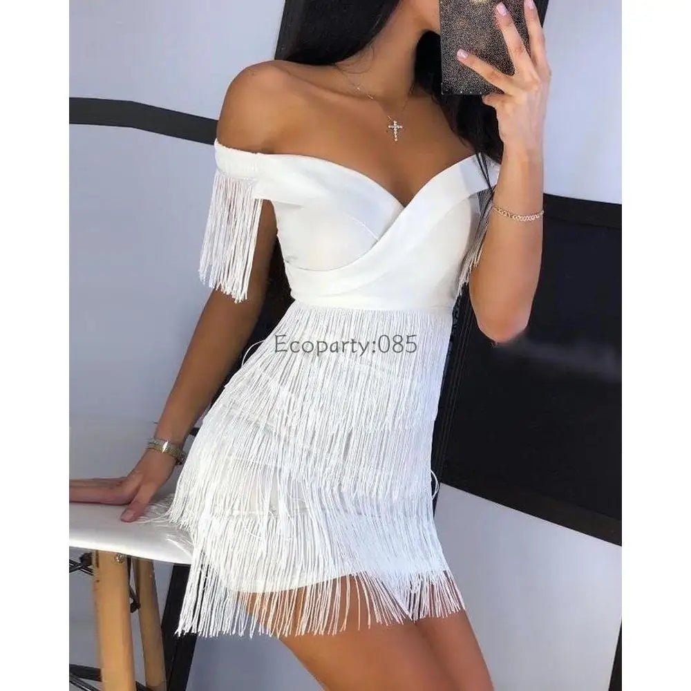 Abiti da sera da donna Sexy grande scollo a V gonna monospalla con frange abito da donna temperamento Slim manica corta abito da Club abiti