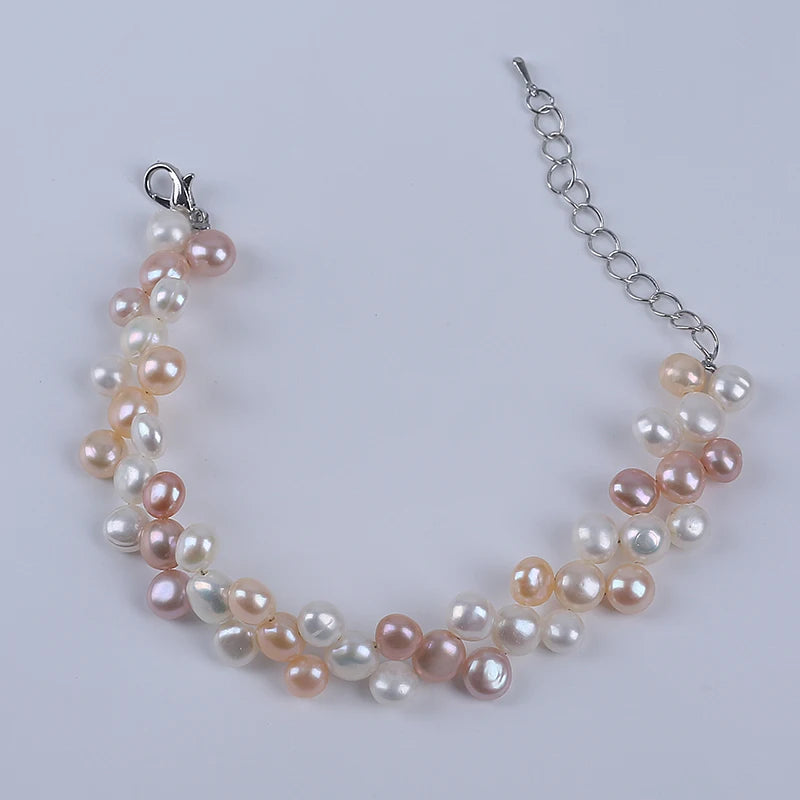 Bellissimi tre file 6-7-8mm bottone perle naturali coltivate perle d'acqua dolce collana braccialetto set regali set di gioielli di perle