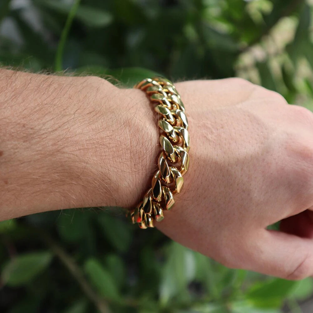 Braccialetti cubani in acciaio inossidabile placcato oro 6mm-14mm18k Braccialetti a catena a maglia cubana per gioielli Hiphop