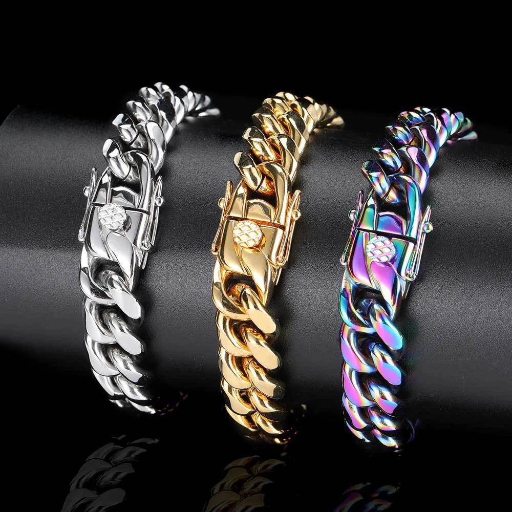 Braccialetti cubani in acciaio inossidabile placcato oro 6mm-14mm18k Braccialetti a catena a maglia cubana per gioielli Hiphop